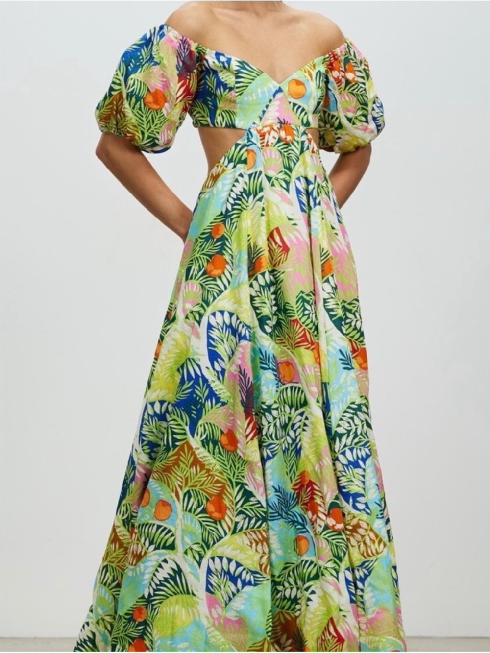 STAUD Coliseum Tropical Floral Cutout Maxi Dress puff sleeves